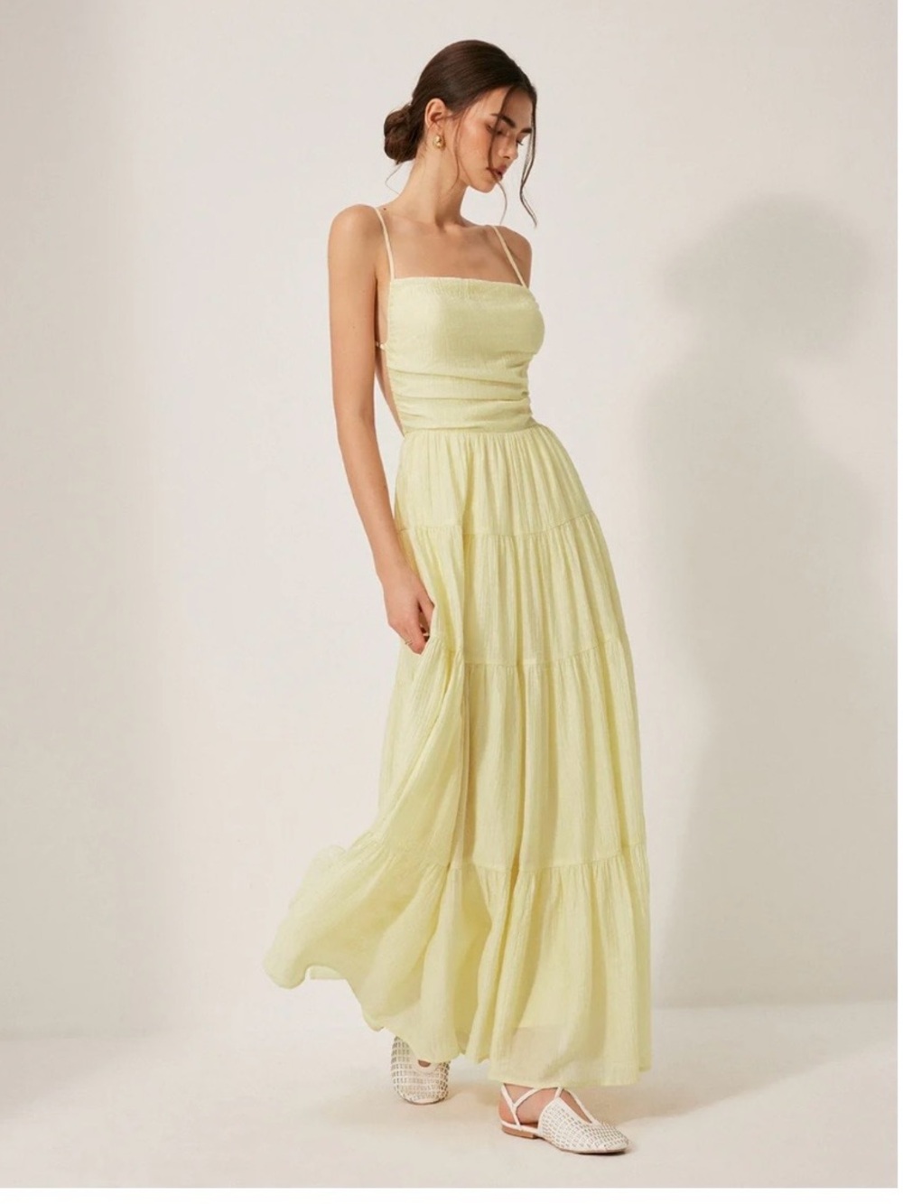 Commense Light Yellow Smocked Cami Tiered Maxi Dress